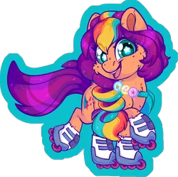 Size: 2042x2032 | Tagged: safe, artist:missbramblemele, derpibooru import, sunny starscout, earth pony, pony, g5, cheek fluff, chibi, female, image, looking at you, mane stripe sunny, mare, open mouth, open smile, partially transparent background, png, roller skates, skates, smiling, smiling at you, solo, starry eyes, wingding eyes