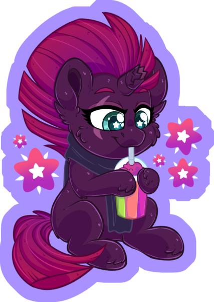 Size: 1336x1879 | Tagged: safe, artist:missbramblemele, derpibooru import, fizzlepop berrytwist, tempest shadow, pony, unicorn, g4, broken horn, cheek fluff, chibi, clothes, drink, drinking, drinking straw, female, horn, image, mare, partially transparent background, png, scarf, sitting, smoothie, solo, starry eyes, wingding eyes