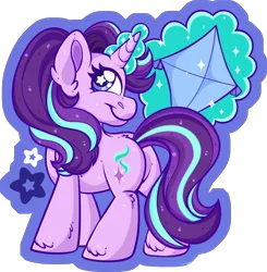 Size: 2080x2126 | Tagged: safe, artist:missbramblemele, derpibooru import, starlight glimmer, pony, unicorn, g4, backwards cutie mark, butt, chibi, featureless crotch, female, glow, glowing horn, horn, image, kite, levitation, looking at you, looking back, looking back at you, magic, magic aura, mare, partially transparent background, plot, png, smiling, smiling at you, solo, sparkles, starry eyes, telekinesis, wingding eyes