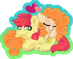 Size: 1896x1543 | Tagged: safe, artist:missbramblemele, derpibooru import, bright mac, pear butter, earth pony, pony, g4, brightbutter, cheek fluff, duo, duo male and female, eyes closed, female, heart, image, lying down, male, mare, partially transparent background, png, prone, shipping, smiling, stallion, starry eyes, straight, unshorn fetlocks, wingding eyes