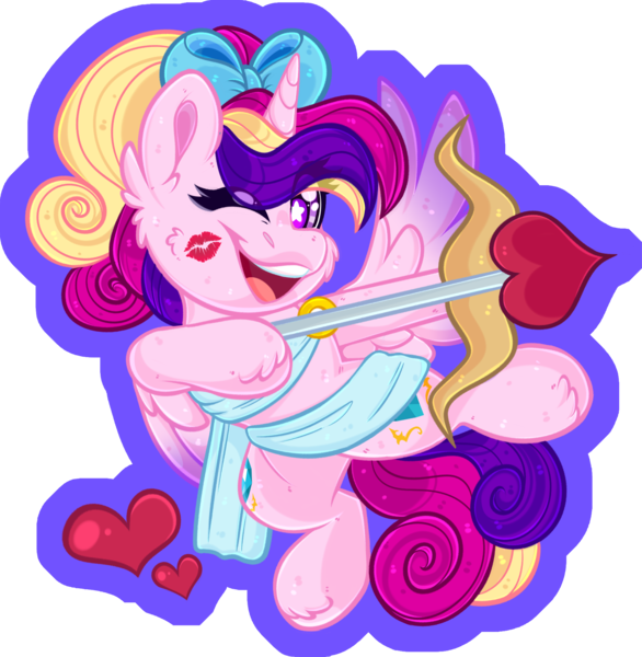 Size: 1860x1904 | Tagged: safe, artist:missbramblemele, derpibooru import, princess cadance, alicorn, pony, g4, bow, cupid's arrow, cute, cutedance, female, hair bow, heart, horn, image, kiss mark, lipstick, looking, looking at you, mare, one eye closed, one wing out, open mouth, open smile, partially transparent background, png, smiling, solo, starry eyes, wingding eyes, wings, wink