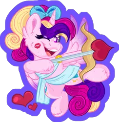 Size: 1860x1904 | Tagged: safe, artist:missbramblemele, derpibooru import, princess cadance, alicorn, pony, g4, bow, cupid's arrow, cute, cutedance, female, hair bow, heart, horn, image, kiss mark, lipstick, looking, looking at you, mare, one eye closed, one wing out, open mouth, open smile, partially transparent background, png, smiling, solo, starry eyes, wingding eyes, wings, wink