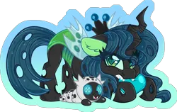 Size: 2193x1385 | Tagged: safe, artist:missbramblemele, derpibooru import, queen chrysalis, changeling, changeling larva, changeling queen, g4, chibi, crown, cute, cuteling, ear fluff, fangs, female, floppy ears, grub, horn, image, jewelry, looking at you, mommy chrissy, partially transparent background, plushie, png, regalia, solo, wings