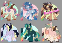 Size: 1043x723 | Tagged: safe, artist:cheekipone, ponerpics import, oc, unofficial characters only, bat pony, earth pony, pony, unicorn, adoptable, baseball cap, bat pony oc, bat wings, blaze (coat marking), bracelet, cap, clothes, color palette, ear tufts, earth pony oc, eye clipping through hair, eyeshadow, female, floppy ears, goggles, goggles around neck, hair over eyes, hair tie, hairclip, hat, horn, image, jewelry, kerchief, makeup, mare, multiple characters, necklace, passepartout, png, raised hoof, smiling, socks, socks (coat marking), spread wings, standing, thigh highs, unicorn oc, unshorn fetlocks, wings