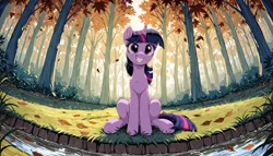 Size: 3360x1920 | Tagged: safe, ai content, editor:marestare, generator:zoinksnoob, machine learning generated, prompter:marestare, stable diffusion, twilight sparkle, pony, unicorn, g4, 16:9, autumn, autumn leaves, bush, chest fluff, cute, detailed, detailed background, ears up, female, fisheye lens, forest, forest background, full body, grass, high res, hooves, horn, image, leaf, leaves, light, mane, mare, nature, outdoors, png, river, scenery, scenery porn, shading, sitting, sitting on grass, smiling, smiling at you, solo, stream, tail, teeth, tree, wallpaper, water