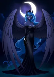 Size: 896x1280 | Tagged: safe, ai content, generator:google imagen 3.0, machine learning generated, prompter:zerowinger, princess luna, alicorn, anthro, g4, black dress, breasts, clothes, crescent moon, cutie mark, cutie mark on clothes, dress, female, folded wings, hands behind back, image, jpeg, lidded eyes, moon, night, outdoors, sky, smiling, solo, solo female, stars, wings