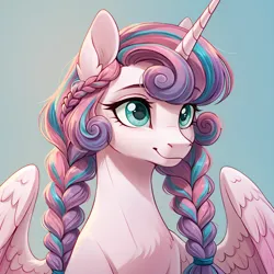 Size: 2048x2048 | Tagged: safe, ai content, generator:midkemia v10, machine learning generated, prompter:scarlet ribbon, princess flurry heart, alicorn, pony, g4, braided ponytail, bust, female, image, older, older flurry heart, pigtails, png, simple background, solo, solo female, spread wings, twin braids, twintails, wings