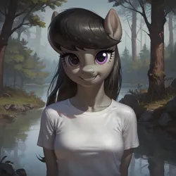 Size: 1024x1024 | Tagged: safe, ai content, machine learning generated, prompter:davshell, octavia melody, anthro, earth pony, g4, clothes, female, forest, generator:pony diffusion v6 xl, image, lake, looking at you, offscreen character, outdoors, plant, png, pov, rock, shirt, smiling, smiling at you, solo, solo female, t-shirt, tree, upper body, water