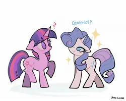 Size: 2048x1638 | Tagged: safe, artist:petaltwinkle, derpibooru import, rarity, twilight sparkle, pony, unicorn, g4, season 1, female, horn, image, jpeg, mare, my little pony, question mark, simple background, smiling, sparkles, white background