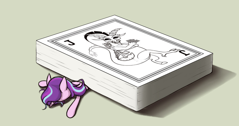 Size: 1380x730 | Tagged: safe, artist:zetamad, derpibooru import, discord, starlight glimmer, pony, unicorn, g4, card, deck of cards, faceplant, horn, image, joker, jpeg, solo, squashed