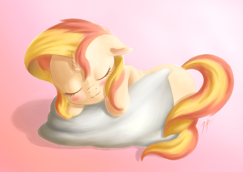 Size: 3100x2200 | Tagged: safe, artist:zetamad, derpibooru import, sunset shimmer, pony, unicorn, g4, blushing, cute, daaaaaaaaaaaw, eyes closed, female, filly, filly sunset shimmer, foal, horn, image, lying down, pillow, png, prone, shimmerbetes, sleeping, solo, weapons-grade cute, younger