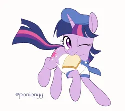 Size: 1226x1092 | Tagged: safe, artist:sion, derpibooru import, twilight sparkle, pony, unicorn, g4, bread, clothes, female, food, hat, horn, image, jpeg, mare, one eye closed, sailor uniform, simple background, solo, unicorn twilight, uniform, white background, wink