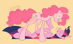 Size: 2048x1248 | Tagged: safe, artist:volchok, artist:volchok_hehe, derpibooru import, pinkie pie, twilight sparkle, earth pony, pony, unicorn, g4, blushing, eyes closed, female, horn, image, jpeg, lesbian, long legs, lying down, mare, shipping, simple background, smiling, tail, tail wag, twinkie, unicorn twilight