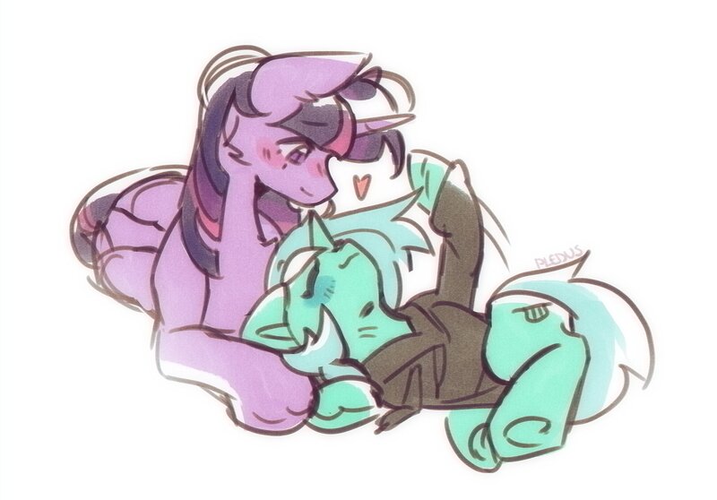 Size: 2346x1637 | Tagged: safe, artist:pledus, derpibooru import, lyra heartstrings, twilight sparkle, pony, unicorn, g4, blushing, clothes, eyes closed, female, heart, hoodie, horn, image, jpeg, lesbian, lying down, mare, ship:twyra, shipping, simple background, smiling, white background