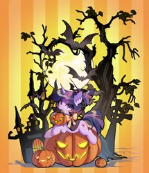 Size: 1872x2174 | Tagged: safe, artist:aluslikefafa, derpibooru import, twilight sparkle, bat, pony, unicorn, g4, bow, cape, clothes, dead tree, female, halloween, haunted house, holiday, horn, image, jpeg, mare, moon, ponytail, pumpkin, shadow, solo, tree, unicorn twilight