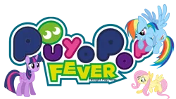 Size: 3840x2160 | Tagged: safe, color edit, derpibooru import, edit, official, fluttershy, rainbow dash, twilight sparkle, twilight sparkle (alicorn), alicorn, pegasus, pony, g4, colored, english, flying, gritted teeth, horn, image, logo, logo edit, multicolored hair, png, puyo puyo, puyo puyo fever, rainbow hair, show accurate, teeth, text, twilight pop fever, wings