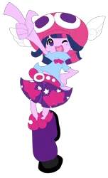 Size: 1460x2399 | Tagged: safe, artist:halloweenoren, color edit, derpibooru import, edit, official, twilight sparkle, human, equestria girls, g4, background removed, belt, clothes, colored, cosplay, costume, hat, image, multicolored hair, one eye closed, open mouth, png, pointing, puyo puyo, puyo puyo artstyle, puyo puyo fever, puyo puyoified, shirt, shoes, skirt, twilight pop fever