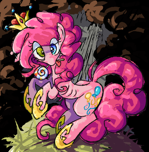 Size: 727x742 | Tagged: safe, alternate version, artist:muffinz, derpibooru import, pinkie pie, earth pony, pony, g4, candy, chaos pinkie, chocolate, chocolate milk, chocolate milk rain, clothes, crown, derpibooru exclusive, food, image, jewelry, lollipop, milk, png, regalia, shoes, solo