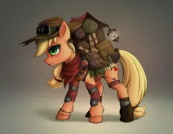 Size: 2600x2020 | Tagged: safe, artist:zetamad, derpibooru import, applejack, earth pony, pony, g4, backpack, bag, bracelet, clothes, ear fluff, explorer outfit, female, freckles, hoof fluff, image, jewelry, jpeg, lantern, mare, potion, saddle bag, scroll, solo, standing, unshorn fetlocks