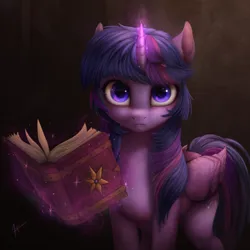 Size: 5000x5000 | Tagged: safe, artist:zetamad, derpibooru import, twilight sparkle, twilight sparkle (alicorn), alicorn, pony, g4, bangs, book, colored, female, folded wings, glow, glowing horn, horn, image, levitation, lighting, looking at you, magic, magic aura, mare, png, shading, sidebangs, solo, telekinesis, wings