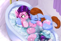 Size: 6000x4000 | Tagged: safe, artist:darksly, derpibooru import, pipp petals, oc, oc:star crest, pegasus, pony, unicorn, g5, absurd resolution, bath, bathtub, commission, duo, duo male and female, eyes closed, female, floppy ears, frown, gritted teeth, horn, image, jpeg, licking, male, mare, partially submerged, pinpoint eyes, stallion, teeth, tongue out, tummylingus