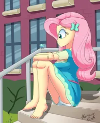 Size: 2700x3300 | Tagged: suggestive, artist:horsecat, edit, fluttershy, equestria girls, barefoot, breasts, butt, butterfly hairpin, clothes, cute, dress, feet, female, fluttershy boho dress, high res, image, legs, my little pony equestria girls: better together, outdoors, panties, png, solo, solo female, stairs, underwear, white underwear