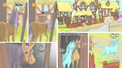 Size: 2573x1432 | Tagged: safe, artist:ivanfromafar, derpibooru import, amethyst star, derpy hooves, lyra heartstrings, oc, earth pony, pony, unicorn, comic:feeling a little horse, g4, comic, dialogue, doorway, female, hoers, horn, human to pony, image, jpeg, mare, nuzzling, ponyville, running, transformation, wingless