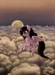 Size: 1800x2450 | Tagged: safe, artist:zetamad, derpibooru import, oc, oc:moonlight sonata, unofficial characters only, alicorn, pony, alicorn oc, blushing, cloud, cloudy, ethereal mane, female, flying, full moon, horn, image, jpeg, mare, moon, night, outdoors, sky, smiling, solo, starry mane, wings