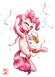 Size: 1440x2000 | Tagged: safe, artist:zetamad, derpibooru import, pinkie pie, earth pony, pony, g4, apple cider, atg 2020, blushing, cider, confetti, digital edit, eyes closed, female, image, jpeg, mare, newbie artist training grounds, solo, streamers, traditional art