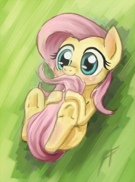 Size: 668x900 | Tagged: safe, artist:zetamad, derpibooru import, fluttershy, pegasus, pony, g4, abstract background, biting, blushing, chibi, covering, cute, female, green background, hug, image, jpeg, lying down, mare, nom, on back, shyabetes, simple background, smiling, solo, tail, tail bite, tail covering, tail hug, underhoof, wingless