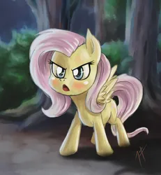 Size: 1200x1300 | Tagged: safe, artist:zetamad, derpibooru import, fluttershy, pegasus, pony, g4, angry, blushing, female, forest, frown, image, jpeg, mare, nature, open mouth, outdoors, solo, spread wings, standing, talking, tree, wings