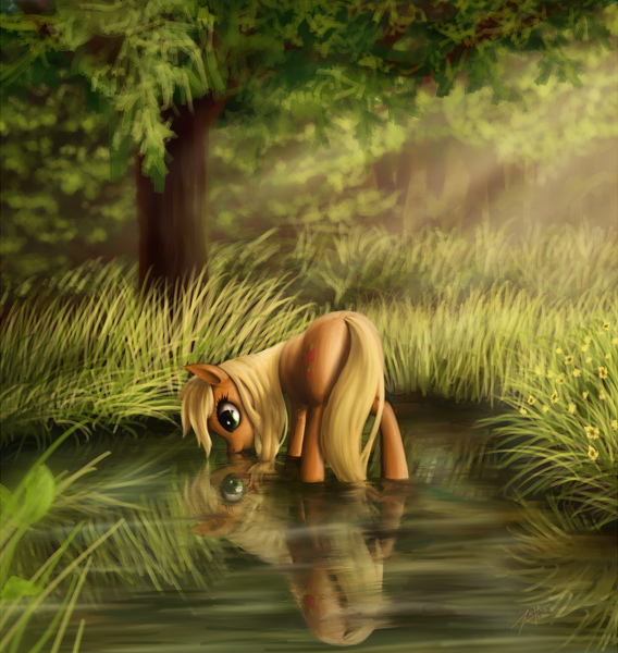 Size: 1800x1900 | Tagged: safe, artist:zetamad, derpibooru import, applejack, earth pony, pony, g4, butt, drink, drinking, female, forest, horses doing horse things, image, jpeg, looking down, mare, missing accessory, nature, outdoors, plot, pond, reflection, scenery, solo, tree, water