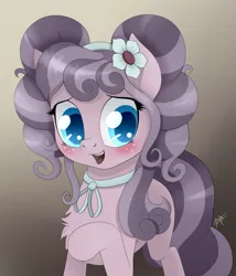 Size: 1200x1400 | Tagged: safe, artist:zetamad, derpibooru import, petunia petals, earth pony, pony, g4, atg 2019, blushing, chest fluff, cute, female, flower, flower in hair, freckles, gradient background, image, jpeg, mare, my little pony, my little pony: rainbow roadtrip, newbie artist training grounds, open mouth, open smile, petalbetes, pigtails, smiling, solo