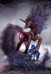 Size: 2100x3000 | Tagged: safe, artist:zetamad, derpibooru import, nightmare moon, princess luna, alicorn, pony, g4, atg 2020, digital edit, ethereal mane, female, folded wings, helmet, hoof shoes, horn, image, jpeg, mare, newbie artist training grounds, peytral, slit pupils, starry mane, traditional art, wings