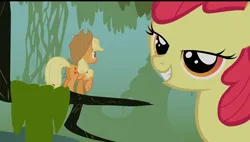 Size: 1280x727 | Tagged: safe, derpibooru import, screencap, apple bloom, applejack, earth pony, pony, bridle gossip, g4, appletini, female, filly, foal, grin, hat, i'm a big sister now, image, jpeg, mare, micro, my little pony, smiling, tree branch