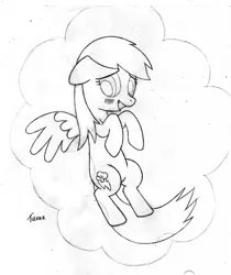 Size: 1262x1500 | Tagged: safe, artist:ultama-lokshar, ponerpics import, rainbow dash, pegasus, pony, blushing, cloud, female, image, jpeg, scan, simple background, sketch, solo