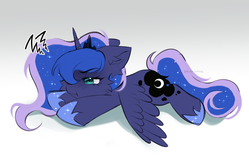 Size: 2185x1429 | Tagged: safe, artist:tyutya, derpibooru import, princess luna, alicorn, pony, g4, chibi, ear fluff, image, png, solo, spread wings, wings