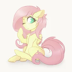 Size: 1800x1800 | Tagged: safe, artist:zetamad, derpibooru import, fluttershy, pegasus, pony, g4, chest fluff, cute, daaaaaaaaaaaw, ear fluff, female, fluffy, folded wings, image, jpeg, looking at you, looking back, mare, one eye closed, raised hoof, shyabetes, simple background, sitting, solo, wings