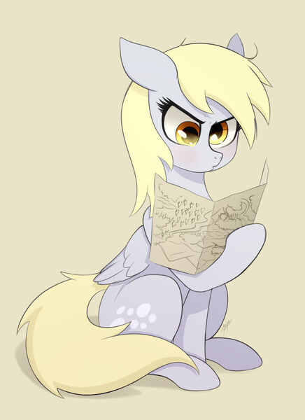 Size: 1884x2592 | Tagged: safe, artist:zetamad, derpibooru import, derpy hooves, pegasus, pony, g4, atg 2019, blushing, derp, derpy being derpy, female, folded wings, image, jpeg, map, mare, newbie artist training grounds, simple background, sitting, solo, tan background, wings