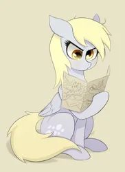 Size: 1884x2592 | Tagged: safe, artist:zetamad, derpibooru import, derpy hooves, pegasus, pony, g4, atg 2019, blushing, derp, derpy being derpy, female, folded wings, image, jpeg, map, mare, newbie artist training grounds, simple background, sitting, solo, tan background, wings