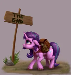 Size: 1460x1560 | Tagged: safe, artist:zetamad, derpibooru import, starlight glimmer, pony, unicorn, g4, atg 2023, backpack, bag, female, grass, gray background, horn, image, mare, messy mane, mud, muddy, nervous, newbie artist training grounds, png, rock, sign, simple background, solo, the end