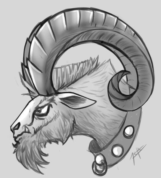 Size: 1000x1100 | Tagged: safe, artist:zetamad, derpibooru import, grogar, sheep, g4, antagonist, beard, collar, eyebrows, facial hair, fangs, frown, grayscale, horns, image, jpeg, male, monochrome, pencil drawing, profile, ram, shading, side view, signature, simple background, sketch, solo, traditional art