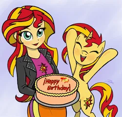 Size: 1800x1727 | Tagged: safe, artist:zetamad, derpibooru import, sunset shimmer, human, pony, unicorn, equestria girls, g4, birthday cake, blushing, cake, cute, duo, duo female, eyes closed, female, food, happy, happy birthday, horn, human ponidox, image, jpeg, mare, open mouth, open smile, self paradox, self ponidox, shimmerbetes, smiling