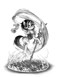 Size: 3800x5200 | Tagged: safe, artist:zetamad, derpibooru import, starlight glimmer, pony, unicorn, g4, bag, butt, chest fluff, cute, female, flying, grayscale, horn, image, jpeg, looking at something, magic, magic circle, mare, monochrome, plot, saddle bag, scroll, simple background, smiling, solo, staff, staff of sameness, unshorn fetlocks, white background