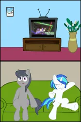 Size: 1600x2400 | Tagged: artist needed, safe, derpibooru import, octavia melody, vinyl scratch, pony, g4, animusic (dvd), couch, duo, eyes closed, female, framed picture, grin, image, mare, missing accessory, open mouth, png, potted plant, raised hoof, sitting, smiling, television