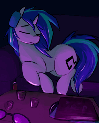 Size: 868x1080 | Tagged: safe, artist:candel, derpibooru import, vinyl scratch, pony, unicorn, g4, alcohol, animated, couch, drink, eyes closed, female, glass, headbob, headphones, horn, image, lying down, mare, party soft, record, shot glass, solo, sound, vinyl's glasses, webm