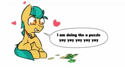 Size: 1920x1080 | Tagged: safe, artist:nevaylin, derpibooru import, hitch trailblazer, earth pony, pony, g5, cute, heart, hitchbetes, image, jpeg, male, meme, monologue, puzzle, simple background, solo, stallion, talking, white background