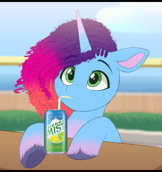 Size: 1463x1555 | Tagged: safe, artist:higgly-chan, derpibooru import, pony, unicorn, g5, bust, coat markings, drink, drinking, eye clipping through hair, female, freckles, gradient mane, hooves on the table, horn, image, looking up, mare, misty brightdawn, png, rebirth misty, sierra mist, sipping, socks (coat marking), soda, solo, straw, table