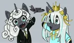 Size: 2769x1620 | Tagged: safe, artist:vel, derpibooru import, oc, oc:kitu elder, oc:queen exavia, unofficial characters only, butterfly, changeling, changeling queen, insect, equestria at war mod, blue eyes, bowtie, changeling oc, clothes, crown, digital art, duo, equestria at war memes, equestria at war mod memes, fangs, female, high res, horn, image, jewelry, jpeg, looking at camera, looking at you, meme, military, military uniform, monarch, necktie, new characters for equestria at war, new characters for equestria at war mod, regalia, royalty, simple background, smiling, smiling at you, uniform, white mane