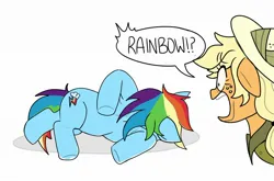 Size: 2062x1361 | Tagged: safe, artist:ssuminv, derpibooru import, applejack, rainbow dash, earth pony, pegasus, pony, g4, appledash, clothes, family guy death pose, female, hat, image, jpeg, lesbian, safari hat, shadow, shipping, simple background, speech bubble, white background